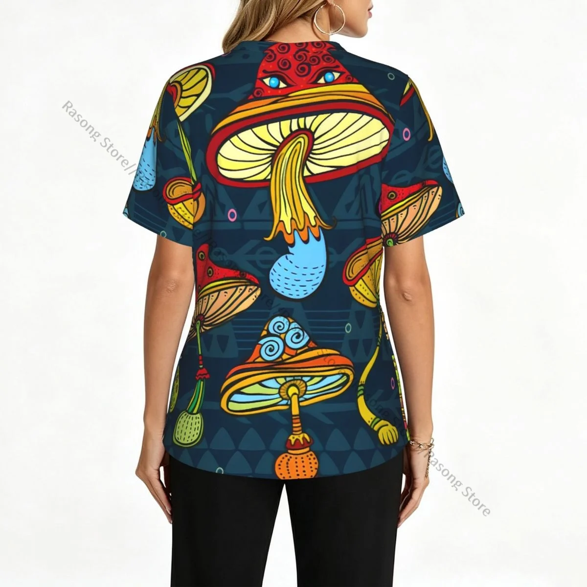 Women Scrubs Blouse Medical Nurse V-neck Clinical Scrubs Top Mushrooms Swirls Eyes Psychedelic Operating Room Work T-shirt