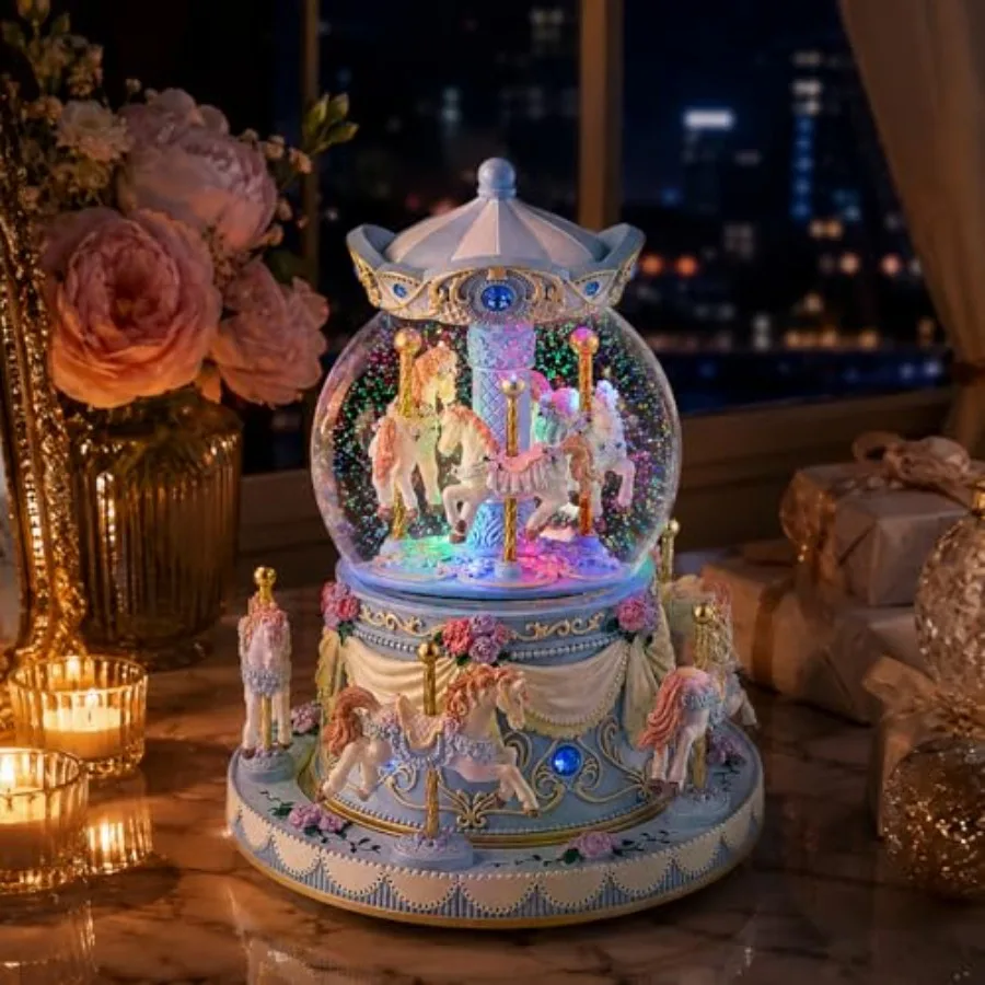 Blue Carousel Snow Globe Music Box with LED Lights, Rotating Horse Merry Go Round, Wind Up Musical Snow Globe Plays You are My