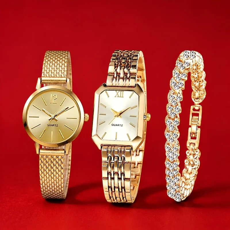 2 Women's Watches, 1 Bracelet, Elegant Square Quartz Watch with Stainless Steel Strap, Perfect Gift for Her, Ideal Gift for Friends and Family