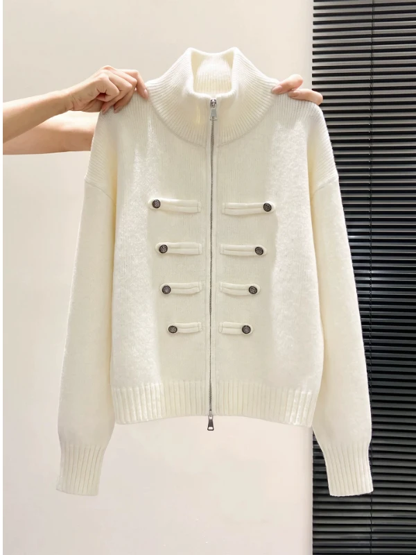 Autumn Winter Thickened Long Sleeve Knitted Short Cardigan Women's Loose Fit Stand Collar Warm Fashionable Sweater Coat