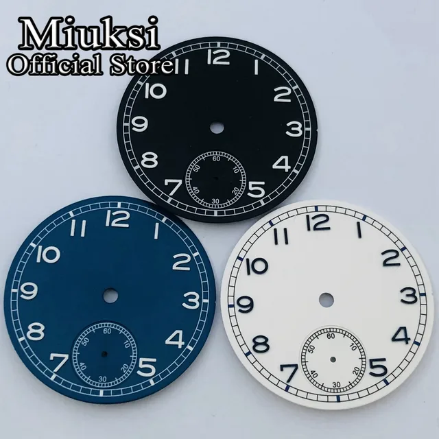 Miuksi 37mm czarno-biało-niebieska tarcza zegarka świecąca pasuje do mechanizmu serii ETA 6498 ST3620