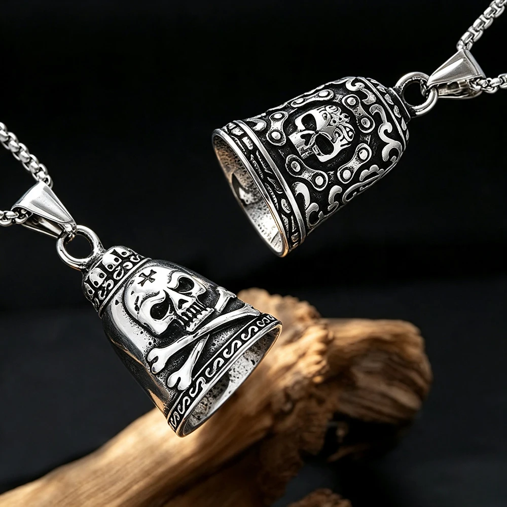 2 In 1 Skull Crossbones Guardian Bell Stainless Steel Pendant Necklace Keychain Unisex Gothic Punk Motorcycle Rider Jewelry Gift