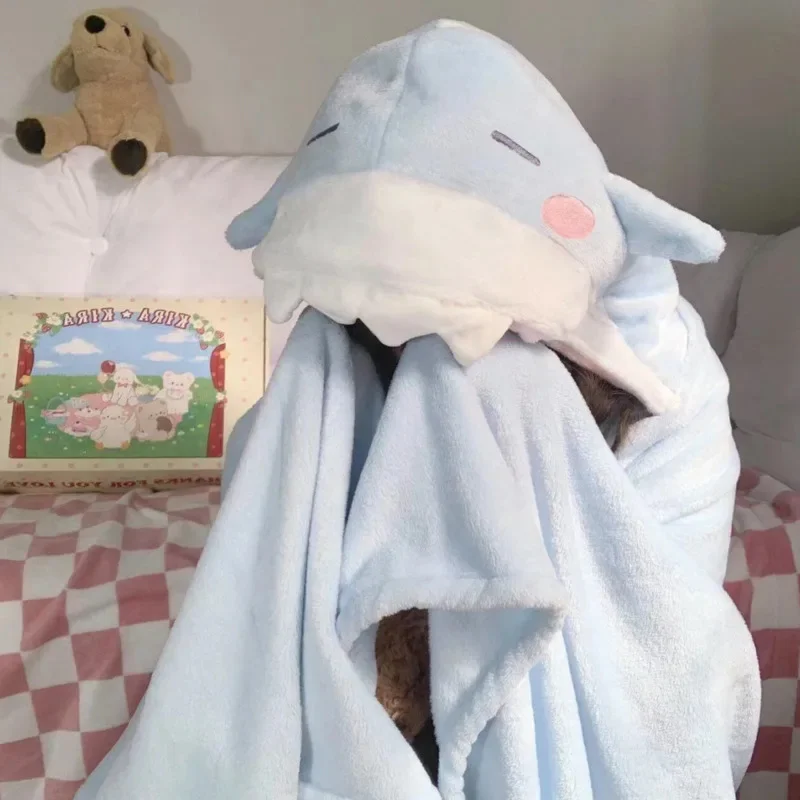 Kawaii Hooded Towels Kids Bathrobe Super Soft Bath Towel Blanket Warm Wintertime Plush Shark Shawl Loungewear For Boys Girls