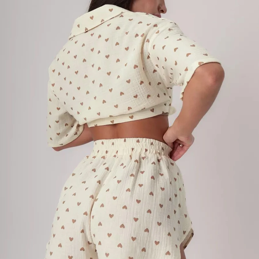 Women's Heart Print Cotton Gauze Pajamas Set Short Sleeve Lapel Top Elastic Waist Shorts 2-Piece 2026 Summer Casual Loungewear