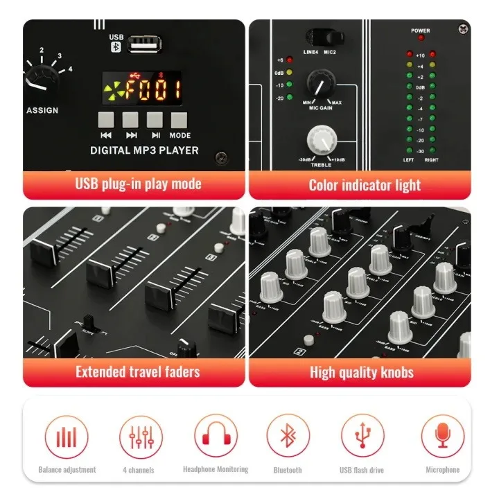 خلاط USB ذو 4 قنوات DJ شريط المسرح المباشر KTV DJ خلاط خلاط أداء مباشر للخدش