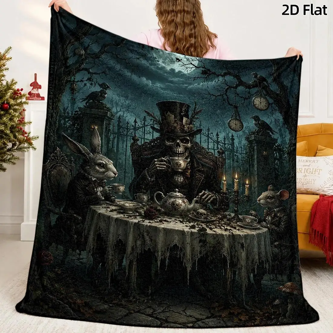 1pc 2D Flat Throw Blanket, Gothic Tea Party Skull & Full Moon, Oil Painting Mad Hatter, Dark Blue Black Gothic Decor Blanket