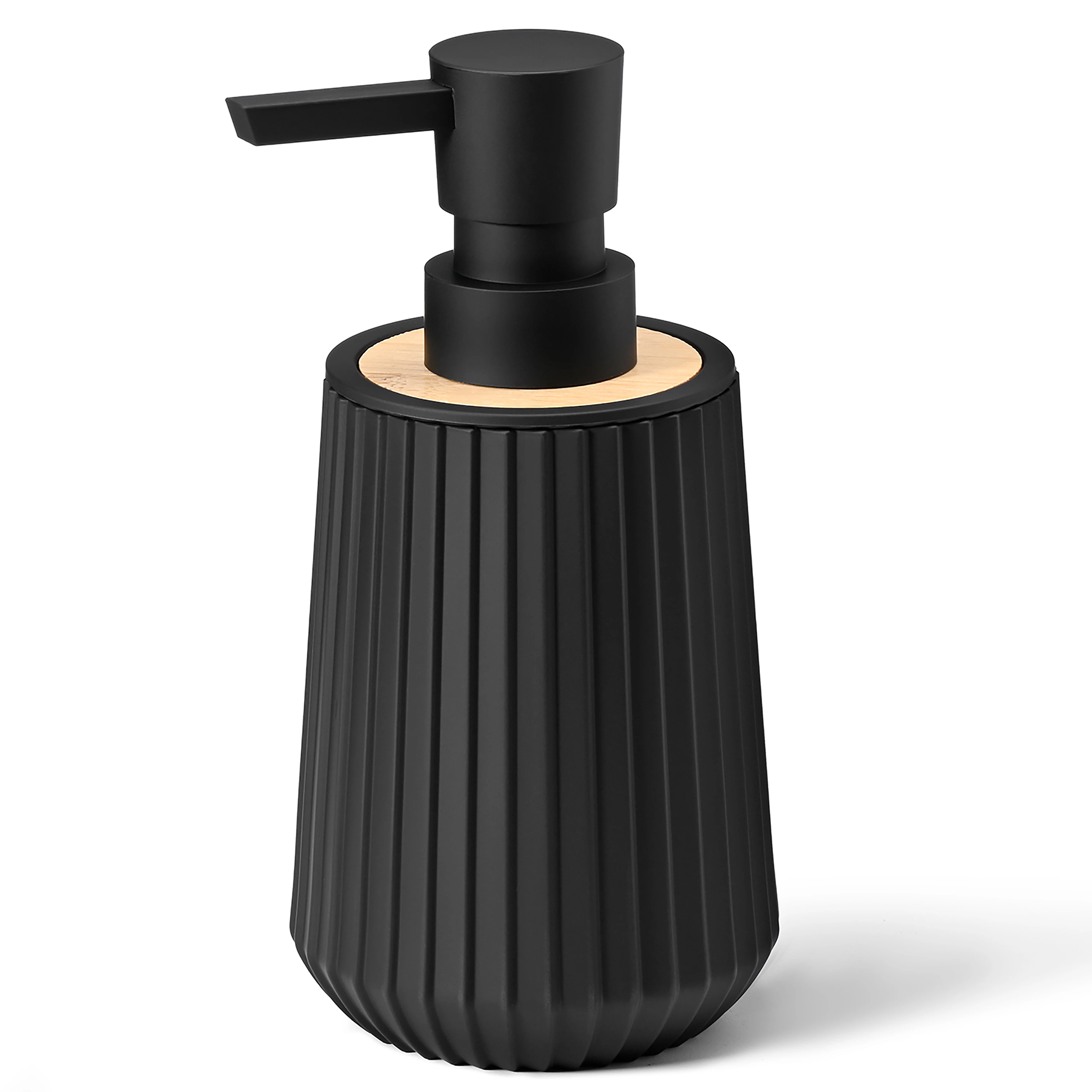Modern Style Black Matte Stripe with Bamboo Trim Soap Dispenser for Kitchen and Bathroom CountertopsRepartable