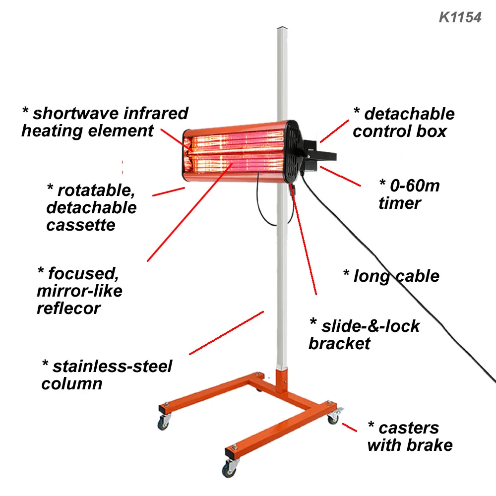 1050W Car Infrared Paint Baking  Lamp Mobile Auto Heating Dryer Infrared Light Shortwave Curing Lamp for Spray Booth 220V/110V