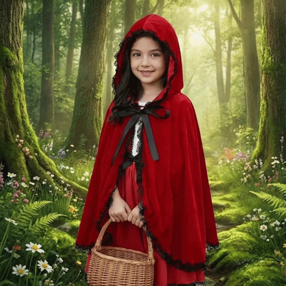 

Creative Fairy Tale Red Hooded Cloak 80/130cm Velvet Lace Trim Cloak Role Play Polyester Cosplay Costume Cape Kids/Adults