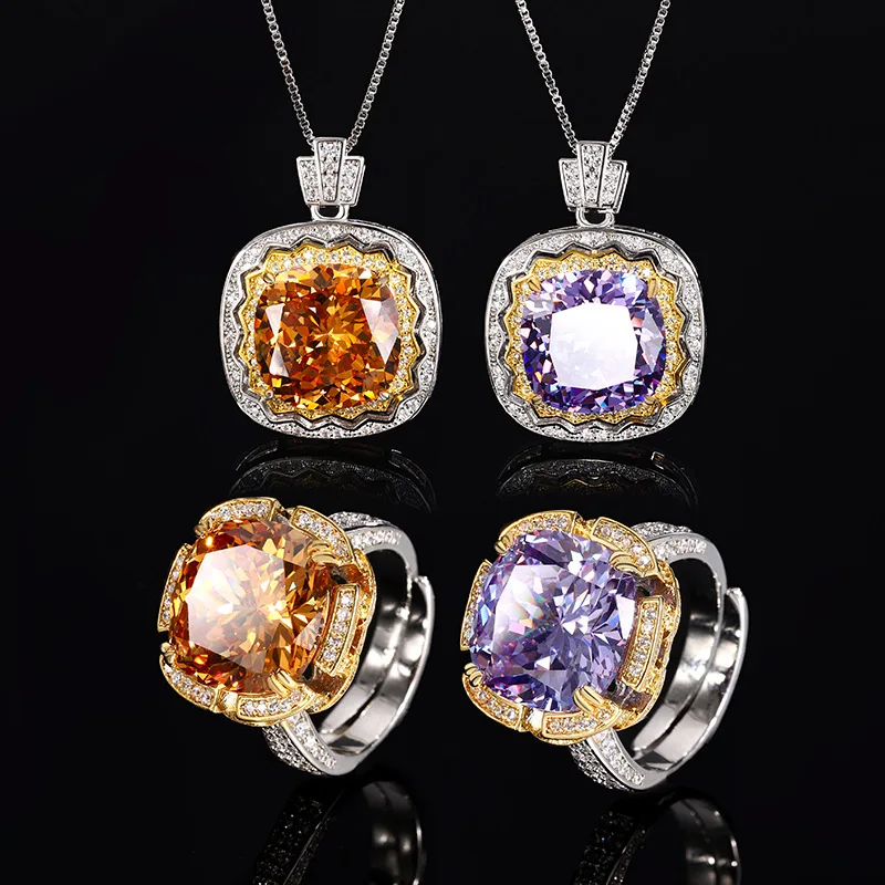 

14mm Orange Purple High Carbon Diamond Double White Yellow Gold Plated Pendant Necklace Adjustable Ring Lady Zircon Jewelry Set