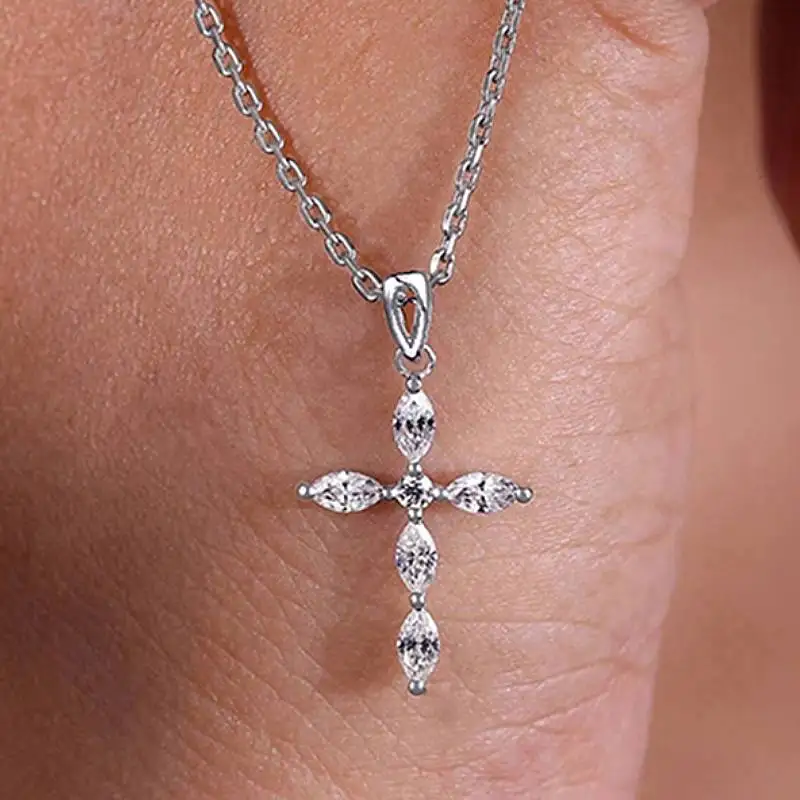 Huitan Women Cross Pendant Necklace Inlaid Bright CZ Simple Versatile Party Daily Accessories Stylish Silver Color Chic Jewelry