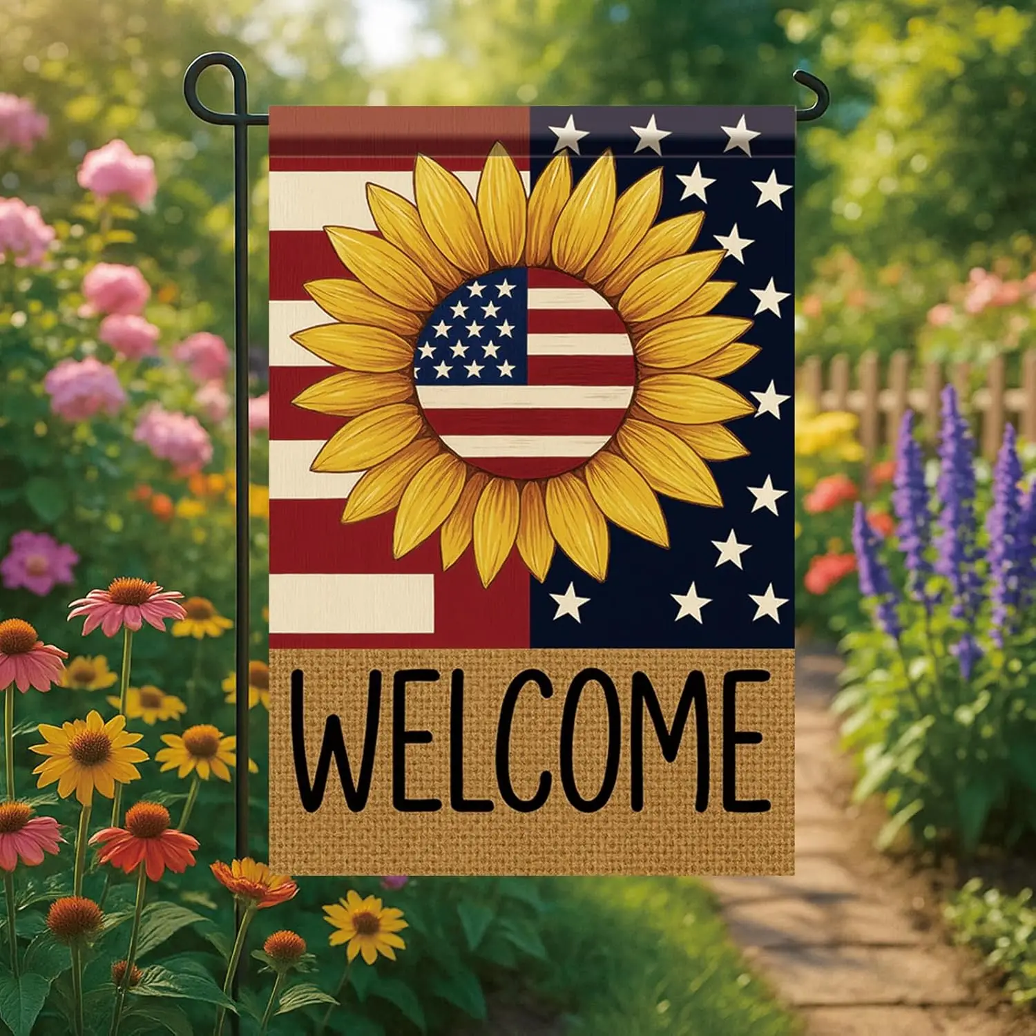 Spring Summer Garden Flag 12x18 Inch Patriotic Sunflower Welcome American Outdoor Stars Stripes Rustic Burlap Style Outdoor  PPM