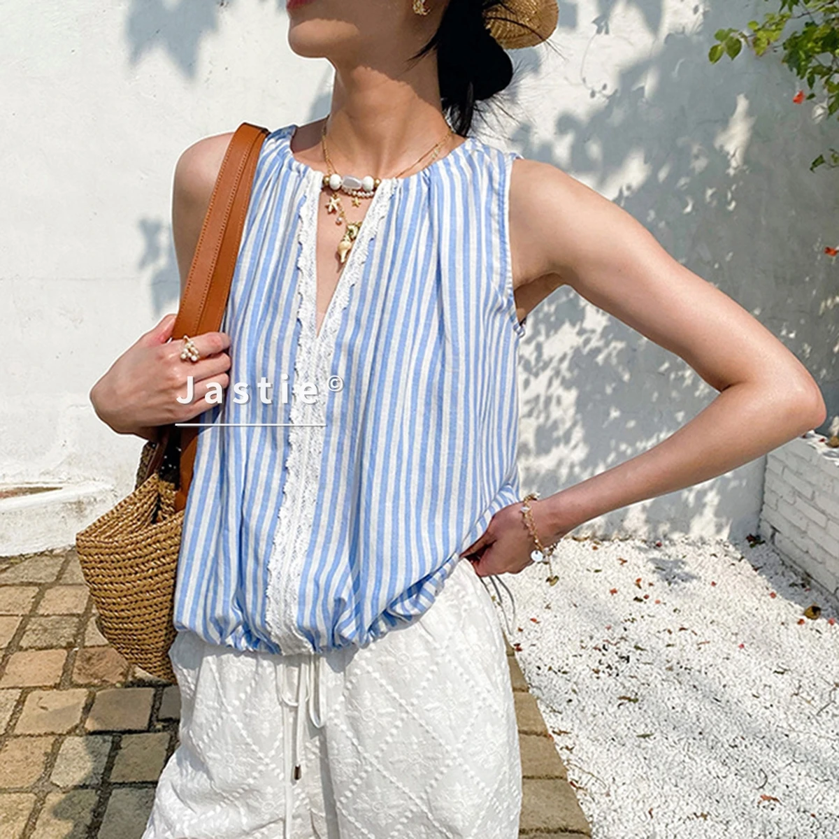 

Bohemian Blue Striped Summer Blouse Women Casual Loose Tassel V Neck Lantern Sleeve Cotton Linen Shirt Beach Vacation Tops Blusa