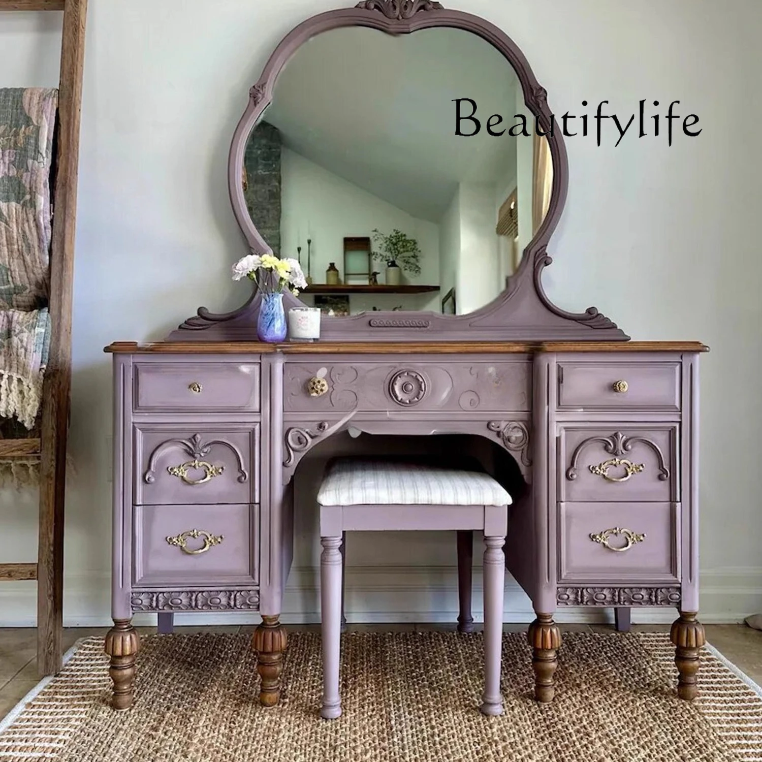 

French retro solid wood dresser home bedroom carved makeup table American high-end multi-functional table