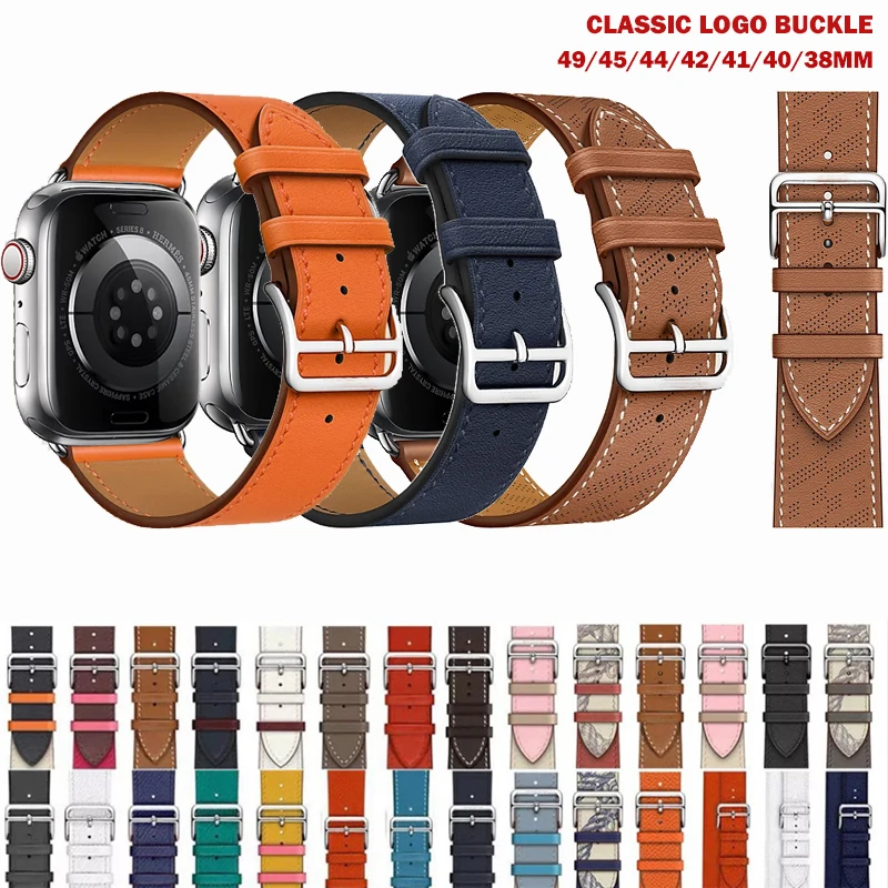 Genuine Leather Strap For Apple watch band 44mm 49mm 45mm 42mm 46mm 40mm correa bracelet iWatch series 7 8 6 SE ultra With Logo