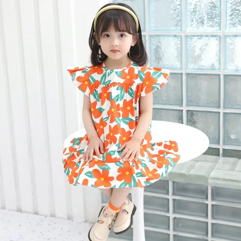 Girl Dresses100% Cotton Children\'s Clothing Summer Kids Clothes Girls Party Princess Fashion Outfit Flower Pattern Beach Dresses