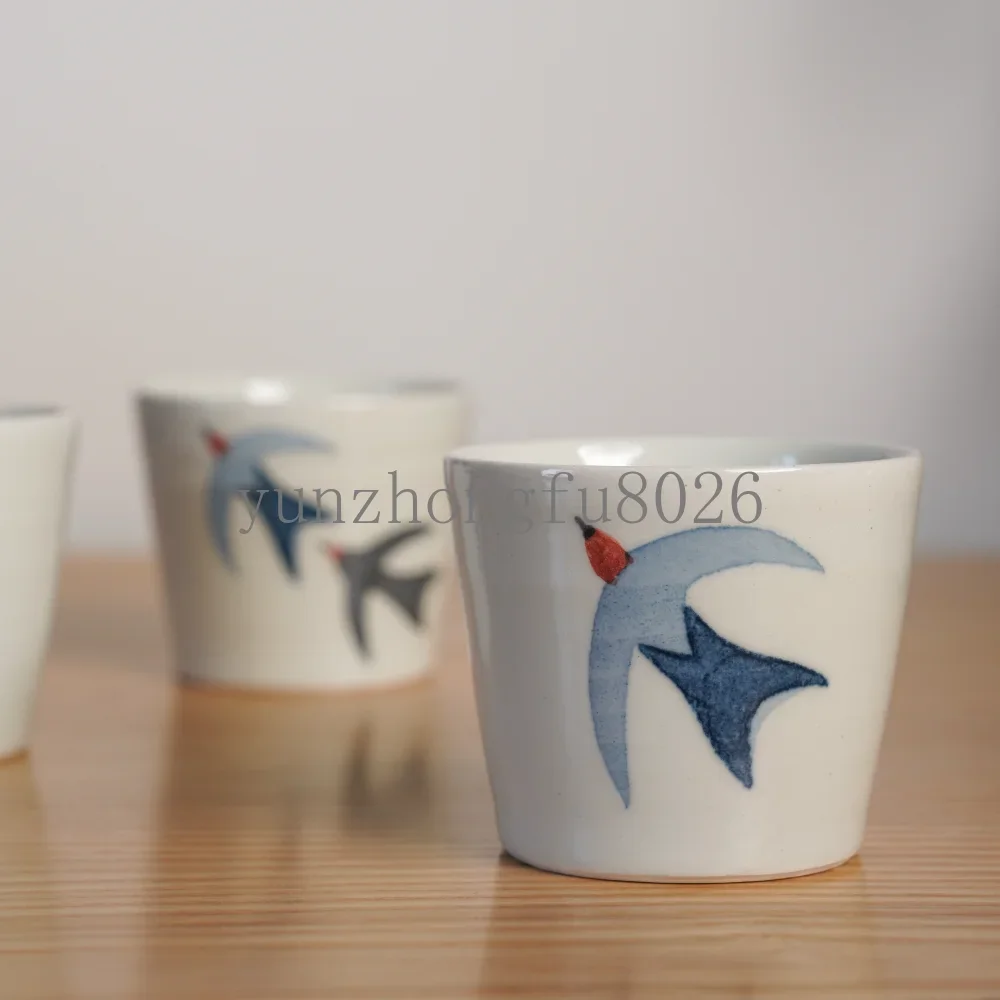 Japanese Paper Dyed Hand Held Cup 220ml Flying Bird Swallow Hand Punch Coffee Cup Ceramic