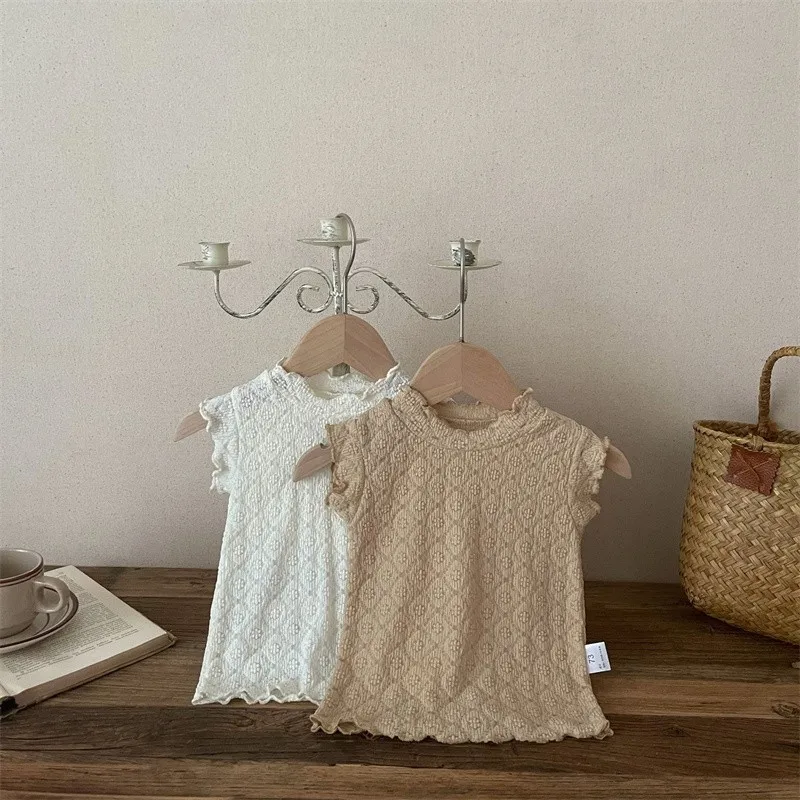 2024 Summer New Baby Lace Ear Edge Sleeveless Tank Top Girls Sweet Elastic Soft T-shirt Kids O-neck Beige Light Coffee Clothes