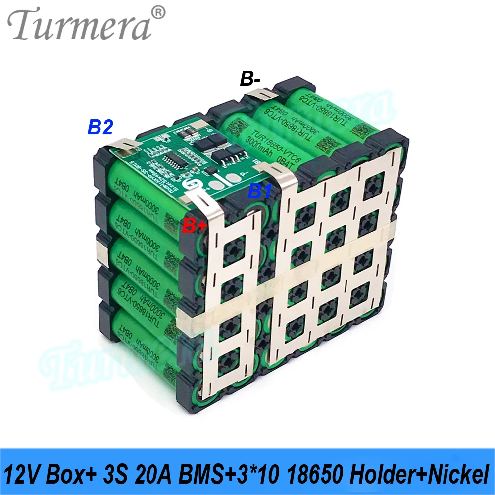 Turmera-오토바이 배터리 보관함, 12V, 30Ah ~ 35Ah, 3x10 18650 홀더, 납산 대체용 솔더 니켈 포함, 3S 20A BMS