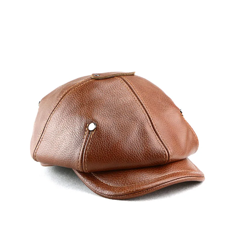 Autumn Winter Real Full Grain Cow Leather Octagonal Beret Cap For Men  Retro Fashion British Style Newsboy Hat Artist Visor