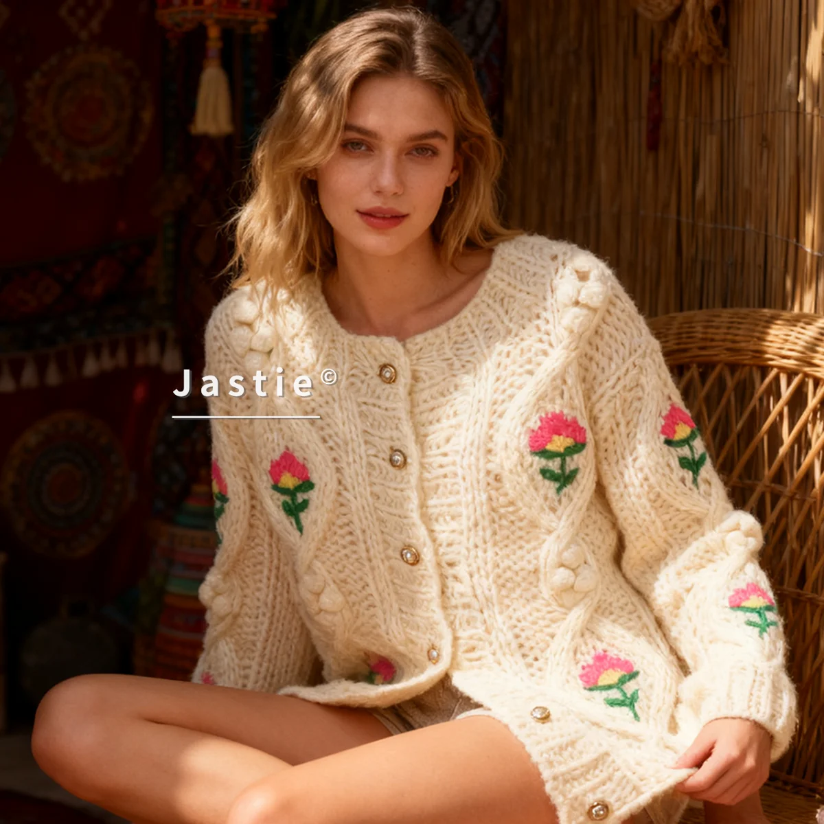 

Вязаный кардиган с круглым вырезом, богемный свободный кардиган с вышитыми цветами, новинка 2026, осенне-зимний толстый свитер с длинными рукавами, пальто для женщин