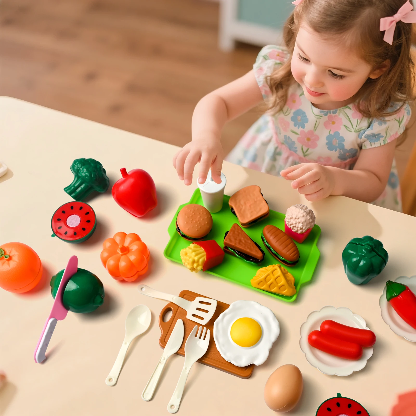 

28 PCS Realistic DIY Fruit & Vegetable Cutting Playset - Educational Pretend Play Kitchen Food Toy for Kids Boys & Girls Gifts
