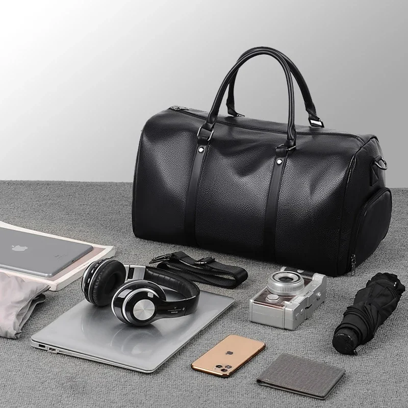 PU Leather Handbag Tote Bag Male Gym Boston Shoes Fitness Travel Luggage Clothing Duffle Shoulder Sports Business Bag For Men