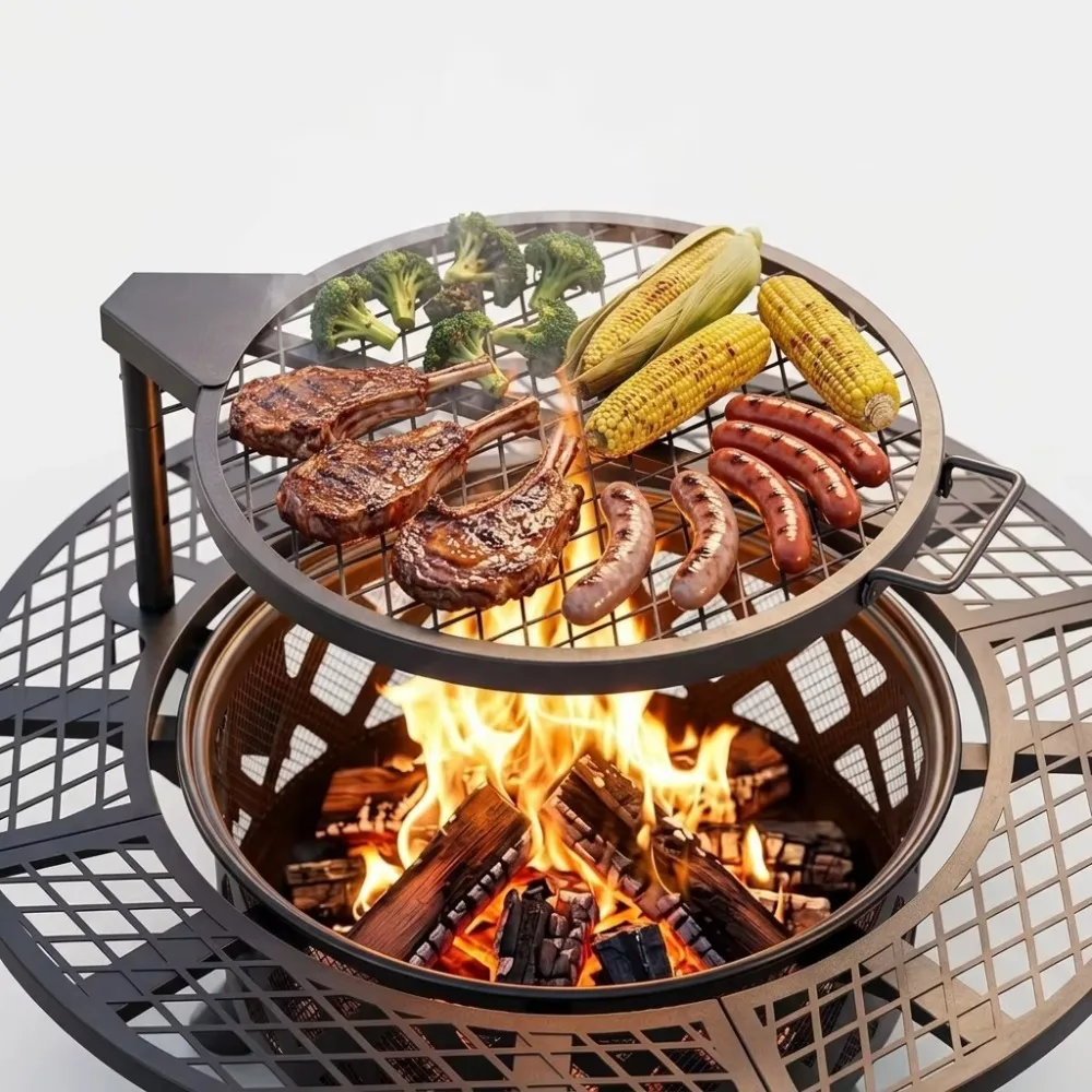 Easily Assembled Adjustable Height Cast Iron Fire Pit Firewood BBQ Carbon Wood Chips Steel Fire Bowl Outdoor Portable Fireplace