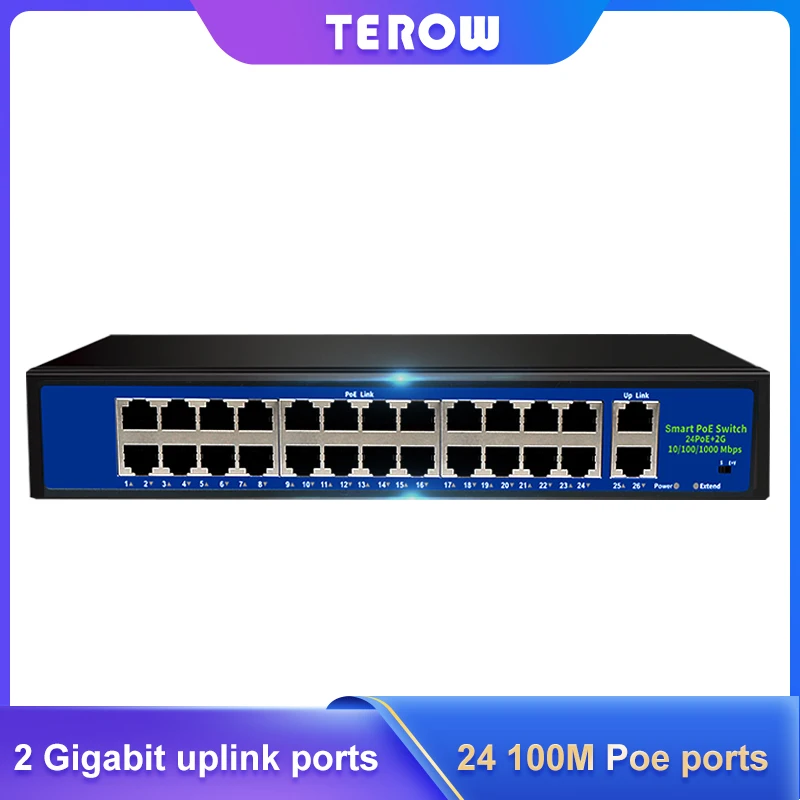 

TEROW 26 Port POE Ethernet Switch 52V VLAN 10/100Mbps IEEE 802.3 Af/at Standard Network Switch for IP Camera Wireless AP 250m