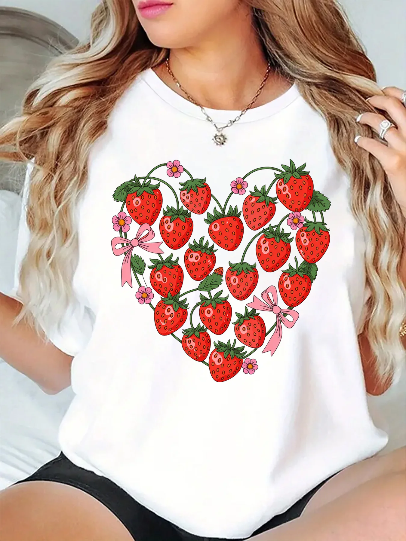 Sweet Fruit Womens T Shirt Lovely Strawberry Heart Pink Bow Floral Cute Summer Art Print O Neck Short Sleeve Casual Daily Tops
