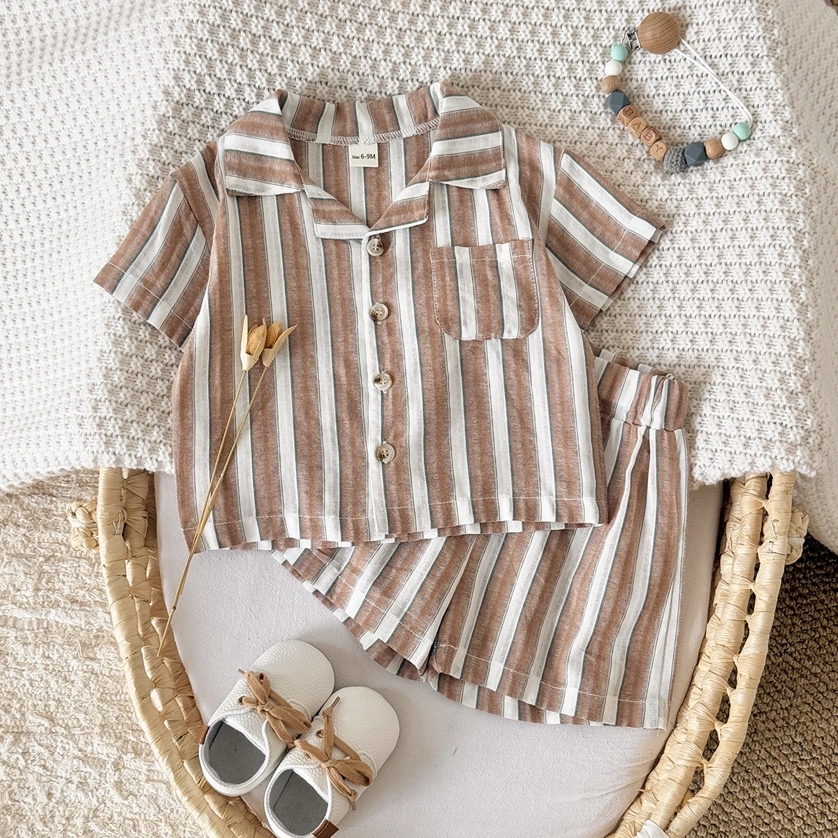 Newborn Baby Boys Girls Clothing Summer Set Green Stripe Buttoned Short Sleeved Lapel Shirt +Shorts Clothes 2Pcs Set