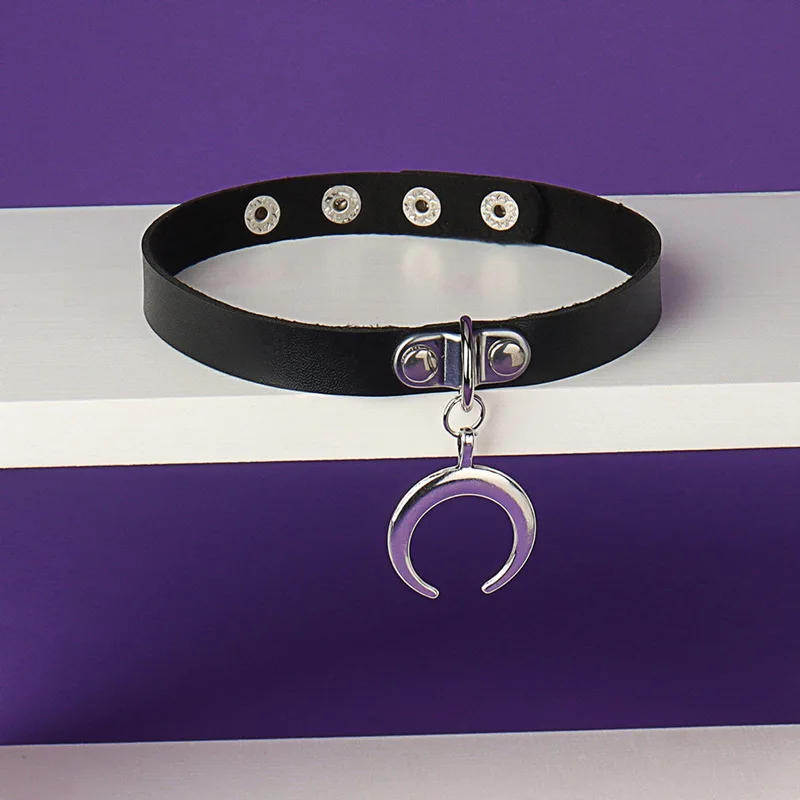 Punk Gothic Rock and roll Easy Fashion Individuality Ivory Moon Ox horn Leather Choker Pendant  Neck strap  Accessory