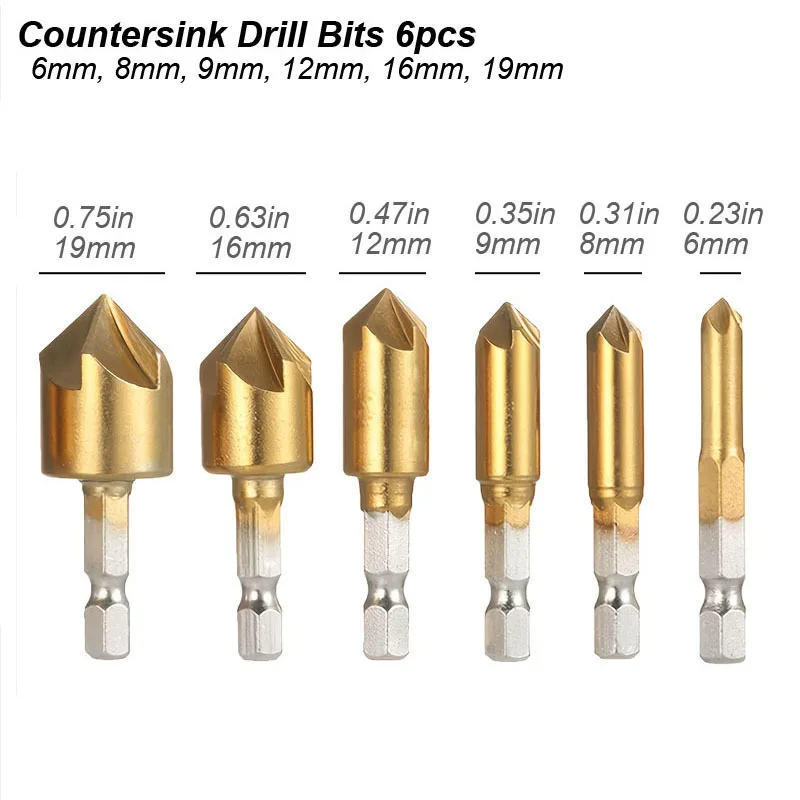 Senker-Bohrer-Set, Fase, 1/4 Zoll Sechskant, 5-schneidiger Gegen-Sink-Fräser für Holz, weiches Metall, Gummi, Kunststoff, Holzbearbeitung