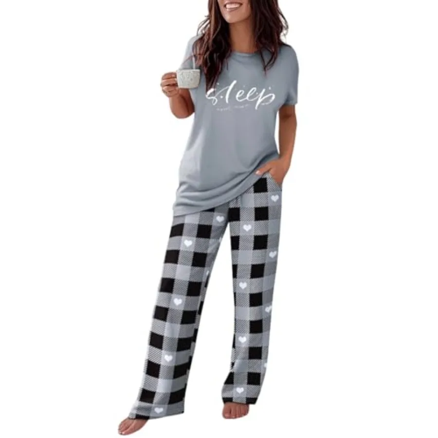 CHICME Womens Pajamas Sets 2 Pcs Short Sleeve Lounge Set Printed Loose Pants Pj Sets Loungewear Set