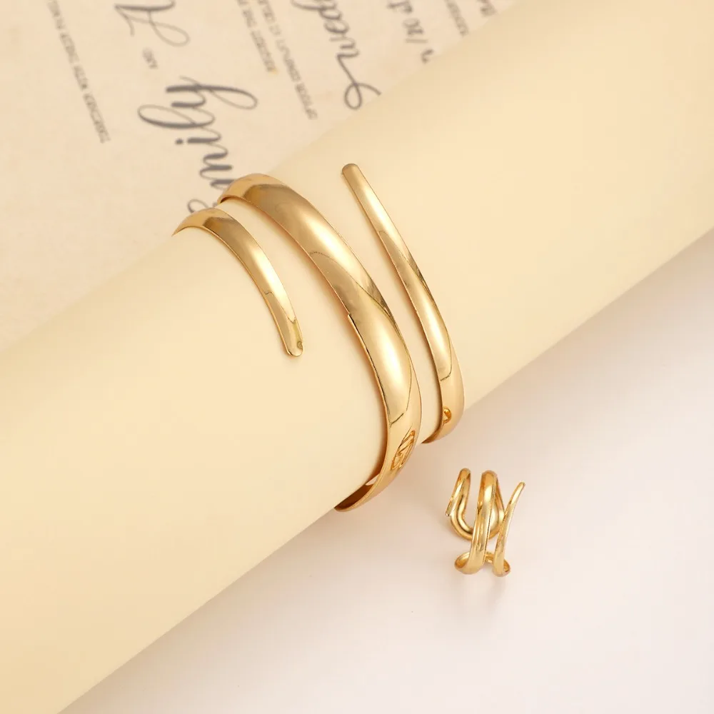 Europäisches und amerikanisches dickes Armband und Ring-Schmuckset für Frauen, goldfarben, geometrische Linie, Armband, Ring-Kombinationsset, Geschenk – Detail 4