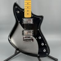 Grey electric guitar with maple neck and cherry wood body, chrome-plated silver parts. Electric guitar gift, free shipping.