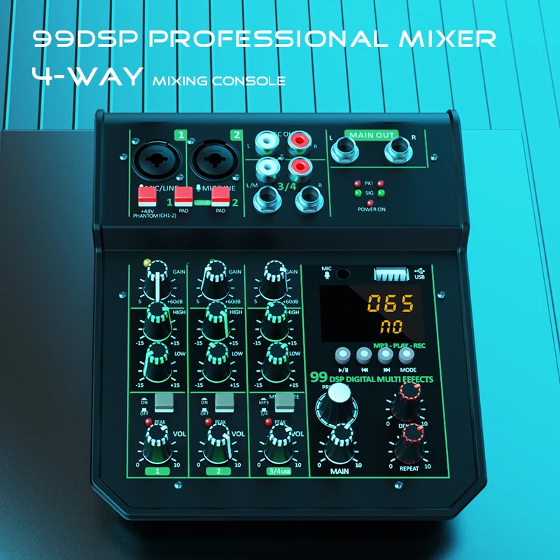 Reverb opname geluidskaart 4-kanaals professionele mengpaneel live-uitzending klein huishoudelijk podiuminstrument Audiomixer