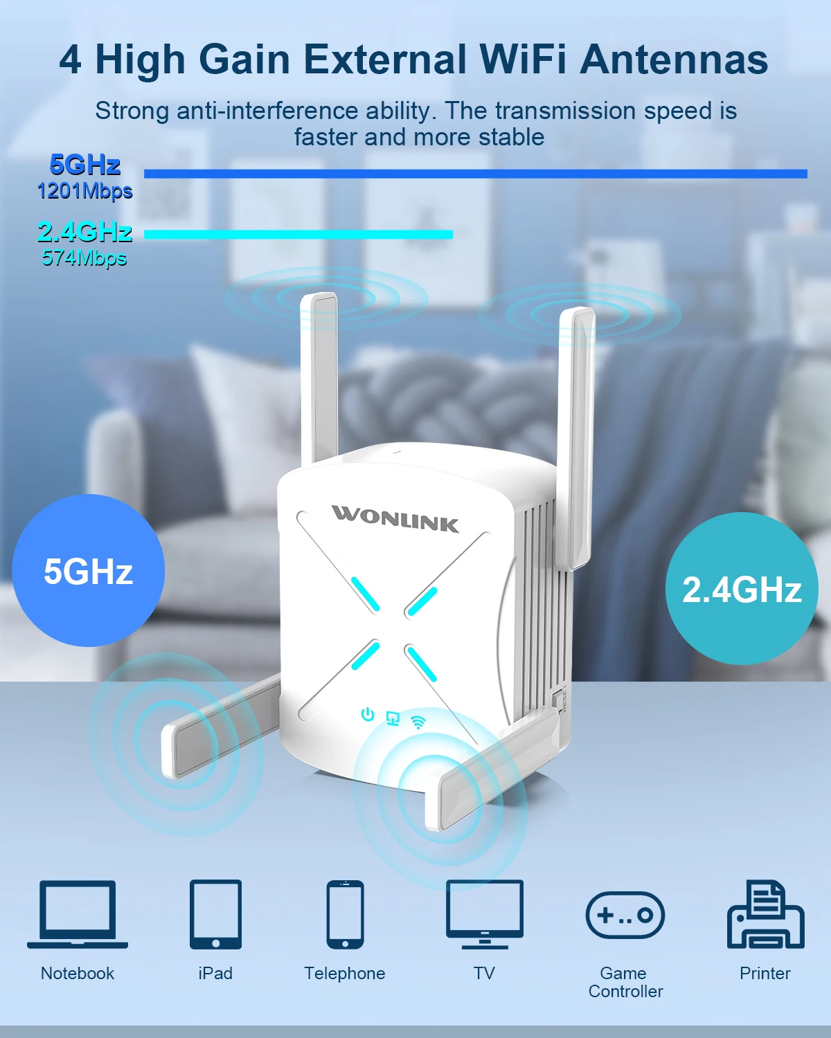 Long Range Signal Expansion Booster Antena WiFi6 Repetidor, Wi-Fi Router, Banda Dupla, 2.4G, 5G, 802.11AX Gigabit, 6 Extensor, AX1800