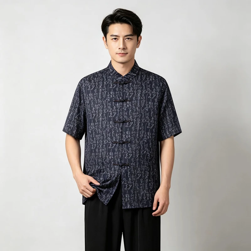 Men's Chinese Calligraphy Print Tang Suit Set Short Sleeve Shirt & Pants Vintage Mandarin Collar Frog Button Summer Lounge Wear