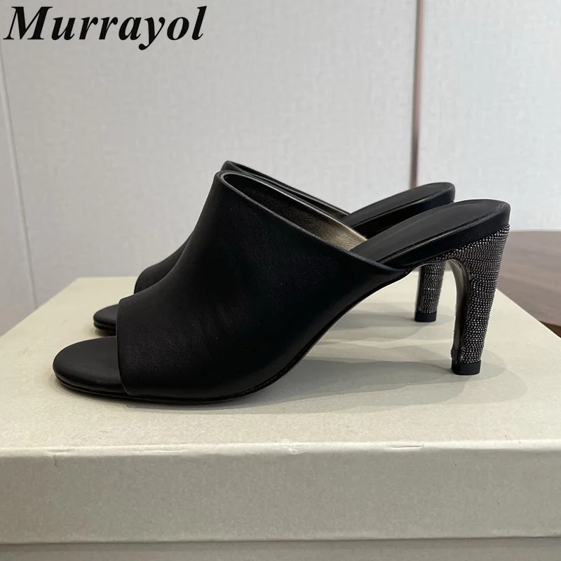 Slippers Women Real Leather Peep Toe Thin High Heels Lazy Sandalias Mujer Ladies Summer Party Dress Shoes Lazy Stliletto 2026