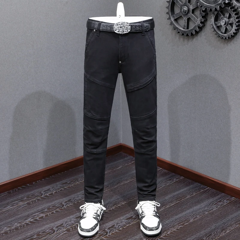 

Street Fashion Men Jeans High Quality Black Stretch Slim Fit Spliced Designer Biker Jeans Homme Hip Hop Vintage Denim Pants Men