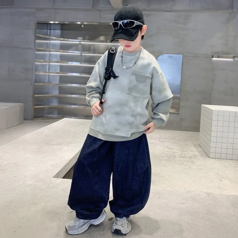 Children Clothes Cool Boys Spring Autumn Long Sleeve Sweatshirt And Wide Leg Jeans Daily Street Wear Set 2026
