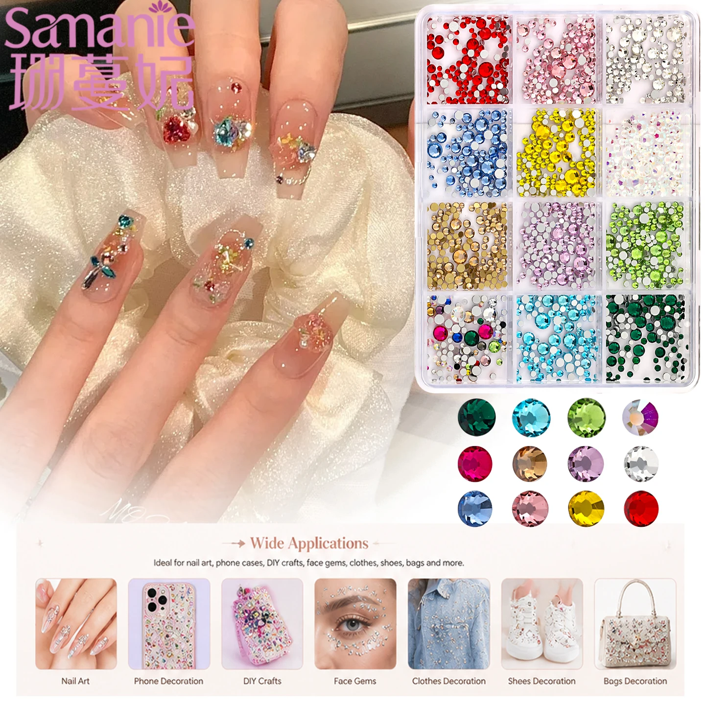 SANANIE 12 Grids Colorful Mini Diamond Flat Bottom Nail Art Charms 3D Shiny Round Rhinestone Gems Nails Manicure DIY Decoration