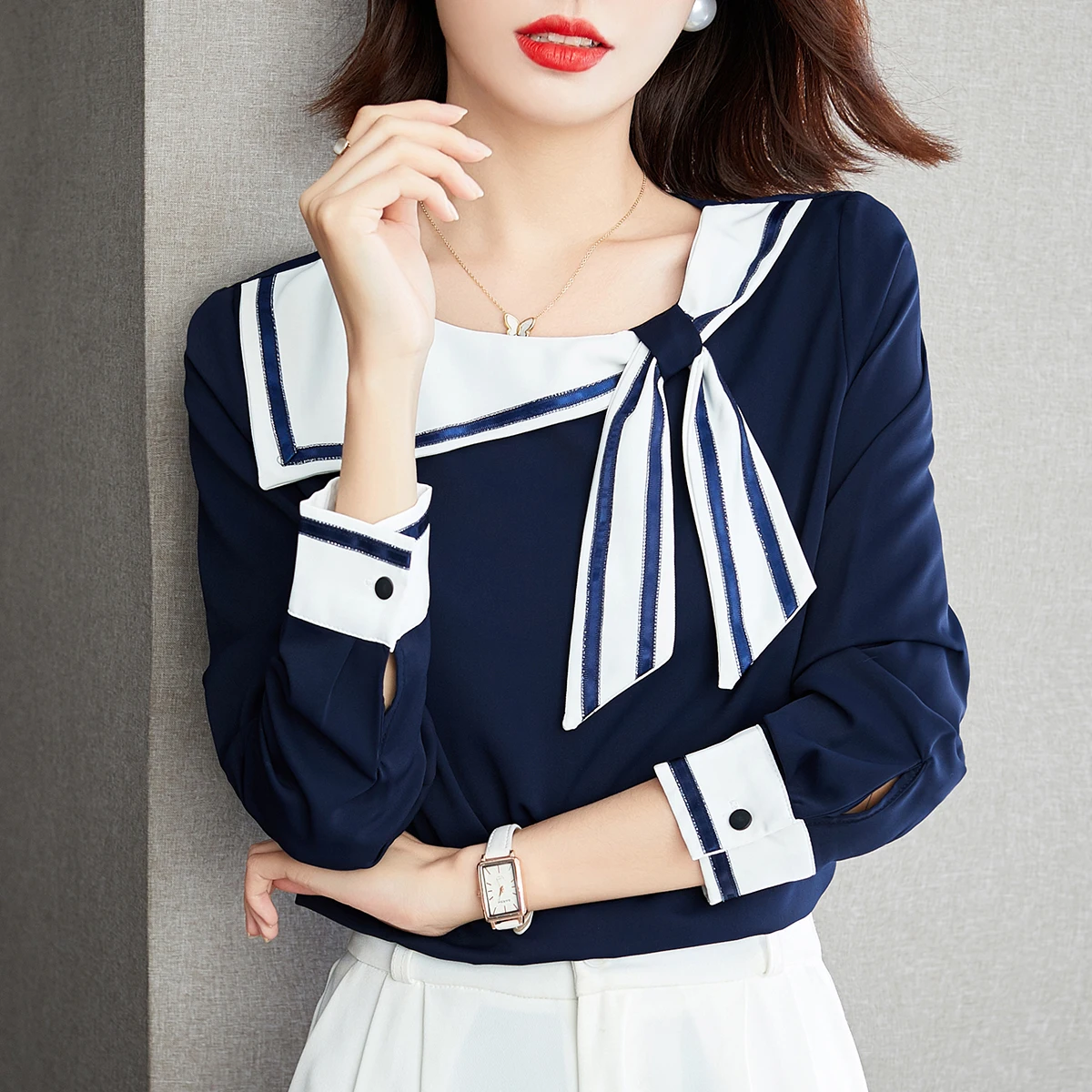 Sailor Collar Bow Long Sleeve Casual Shirt Women Tops Spring Autumn Office Lady Elegant Chic Loose Navy Pullover Blouse C1421