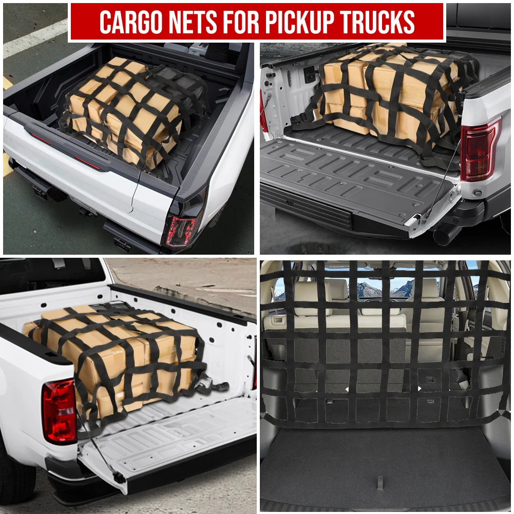 Car Trunk Rooftop Net Mesh Heavy Cargo Net Truck Trailer Dumpster Extend Mesh Covers Luggage Stowing Tidying With 4 Fixed Belt