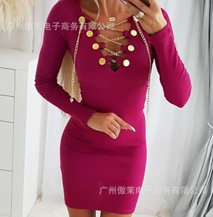 

Women's Elegant Dresses Sexy Chain Cross Long Sleeve Bodycon Women Solid Color V-Neck Mini Autumn Skinny Stretchy Party Dress