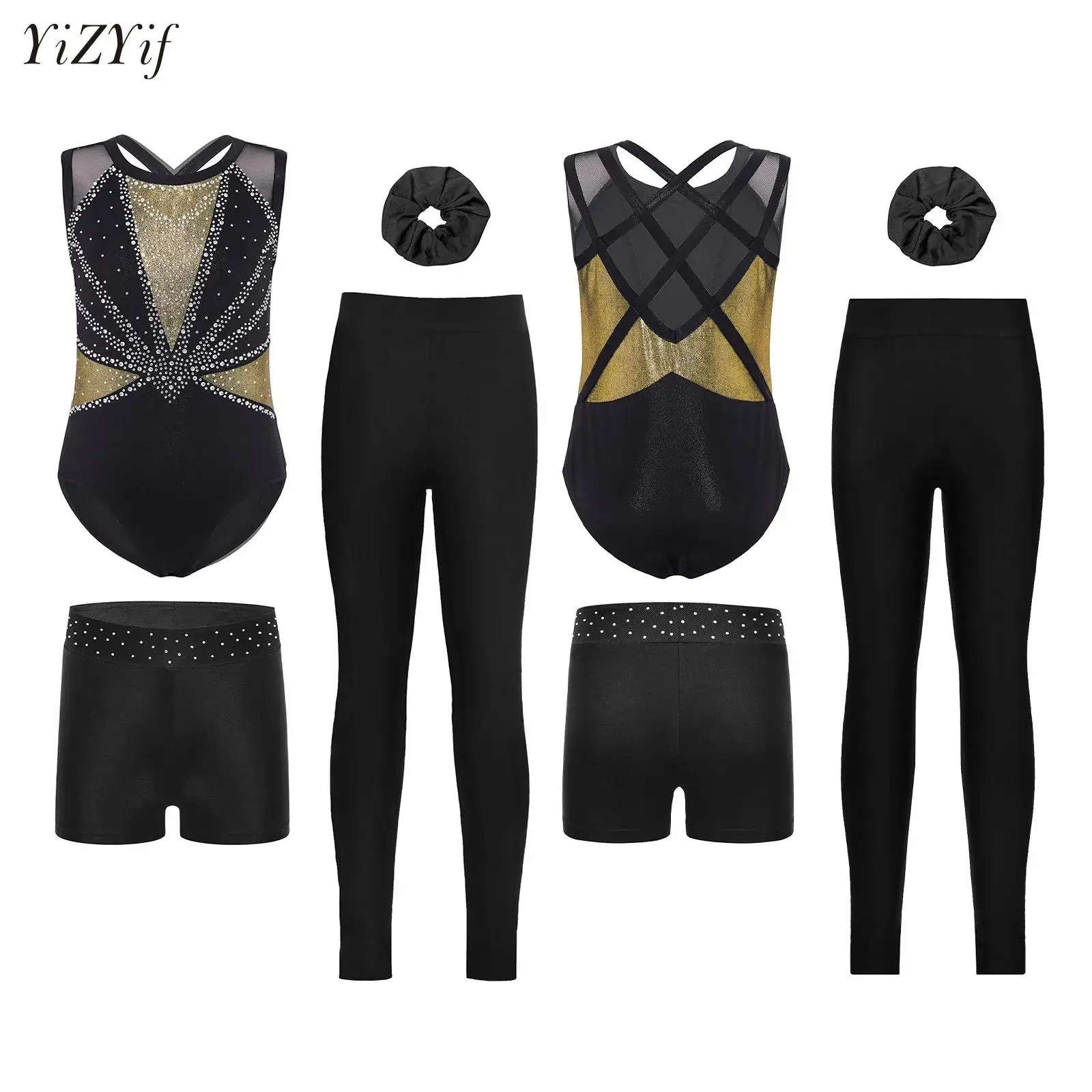 Sleeveless Rhythmic Gymnastics Outfit Kids Girls Gymnastics Jersey Ballet Dance Rhinestones Leotard with Shorts Leggings