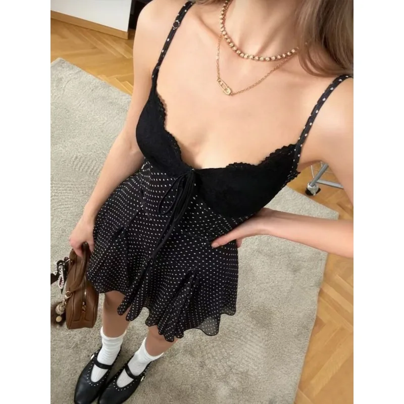 

French Retro Sexy Hottie Black Polka Dot Lace Edge Suspender Dress Women's Waist and Thin Super Fairy A-shaped Dress