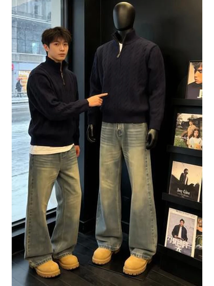 

Мужские синие джинсы с высокой талией, прямые, модные, универсальные, в стиле High Street, с легким клешем, стильные, с завышенной талией, прямые...