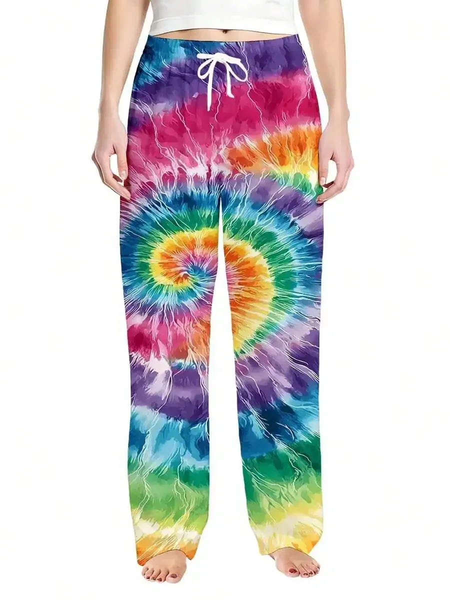 

Women Wide Leg Tie Dye Spiral Print Multicolor Casual Lounge Pants